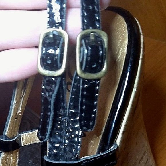 SEYCHELLES BLACK SLING BACKS OPEN TOE, CORK CONE HEEL, PATENT LEATHER SIZE 7.5. - Picture 2 of 5